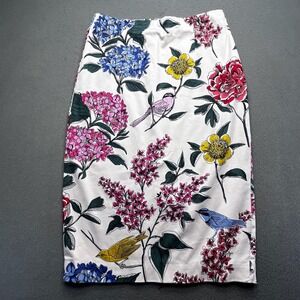 Boden Emilie Hydrangea Pencil Skirt Floral Bird Print White Women 4R Garden